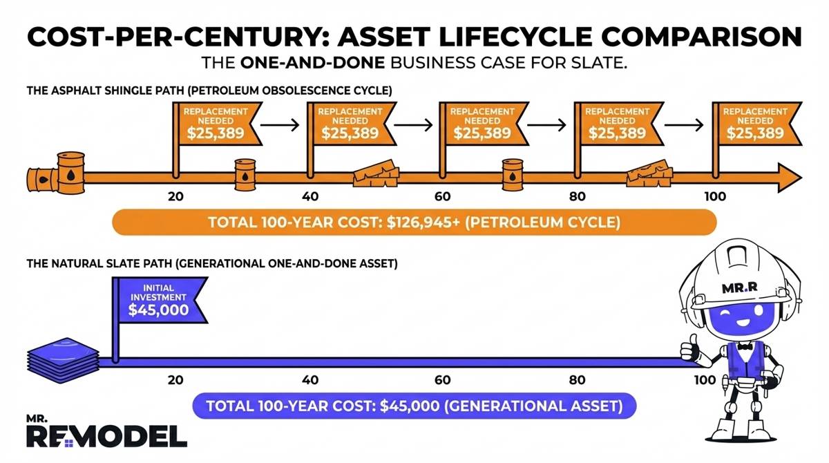A 100-year ROI comparison infographic showing that a single $45,000 natural slate roof is more economical than replacing an asphalt shingle roof five times ($125,000+ total cost) over a century.